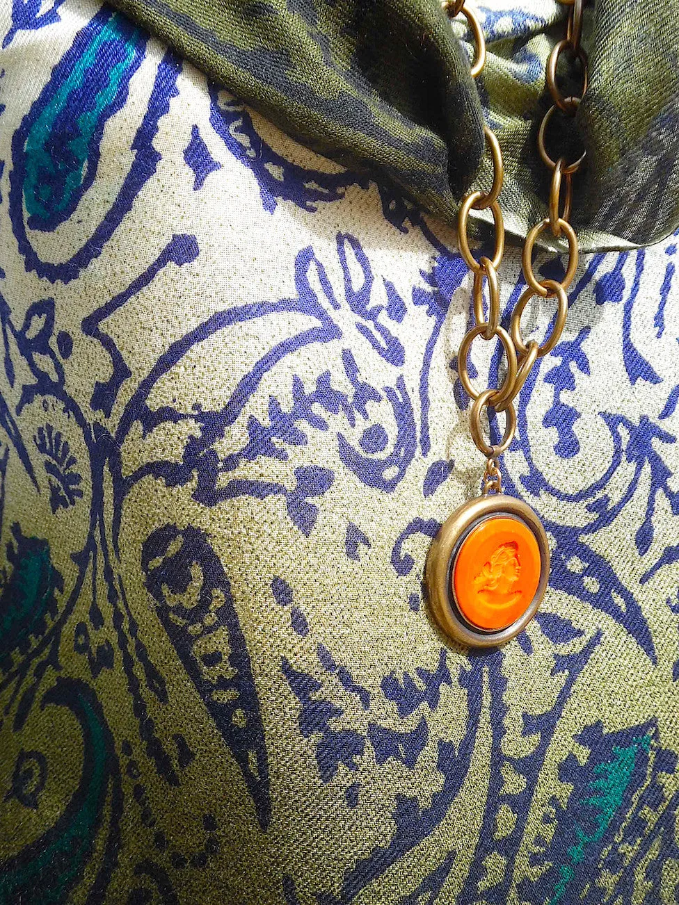 Shawl Silk And Cashmere Paisley Olive Cream Turquoise