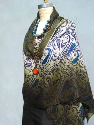 Shawl Silk And Cashmere Paisley Olive Cream Turquoise