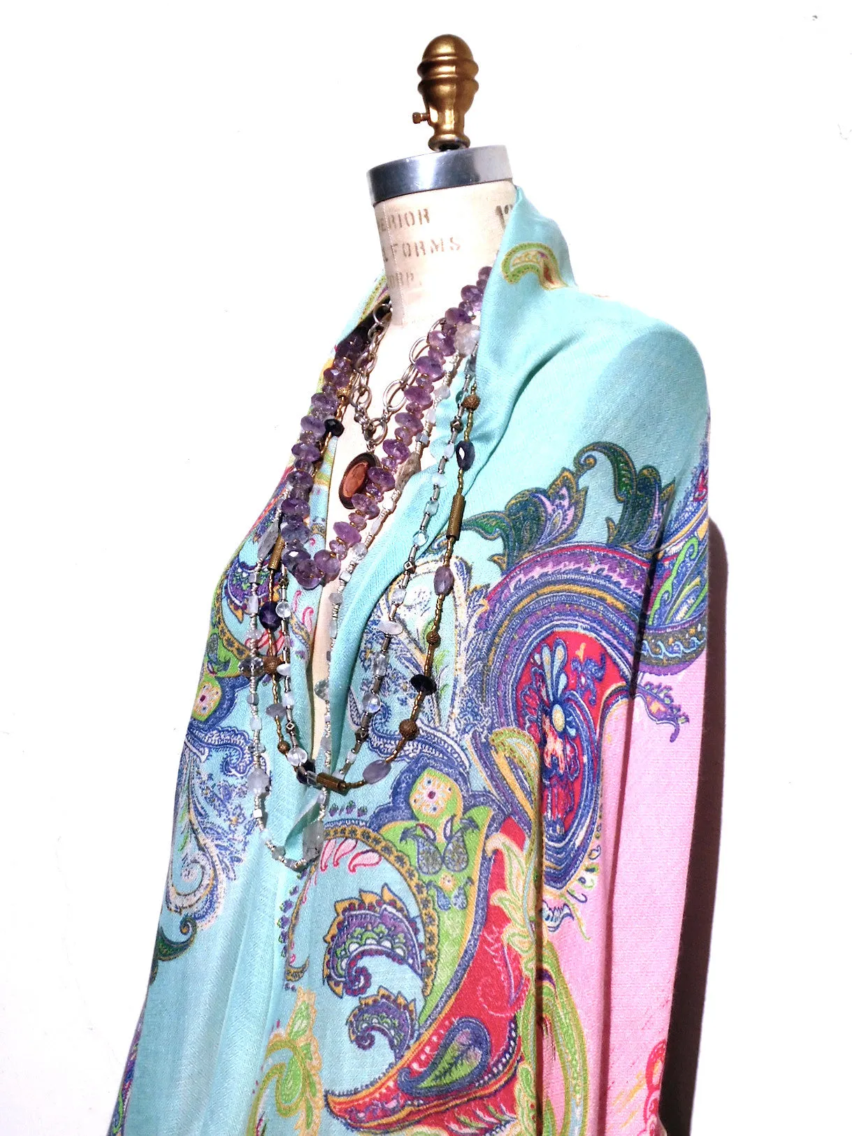 Shawl Silk And Cashmere Paisley Olive Cream Turquoise