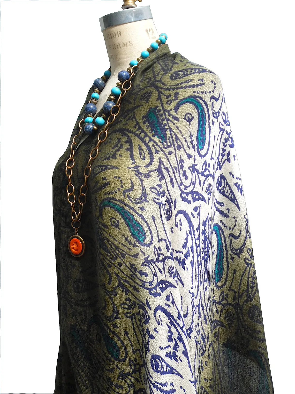 Shawl Silk And Cashmere Paisley Olive Cream Turquoise