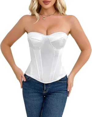 SHYMMUO Women White Corset Top Satin Bustier, Strapless Lace Up Corset Sexy Bodice for Party, Wedding,Daily Wear