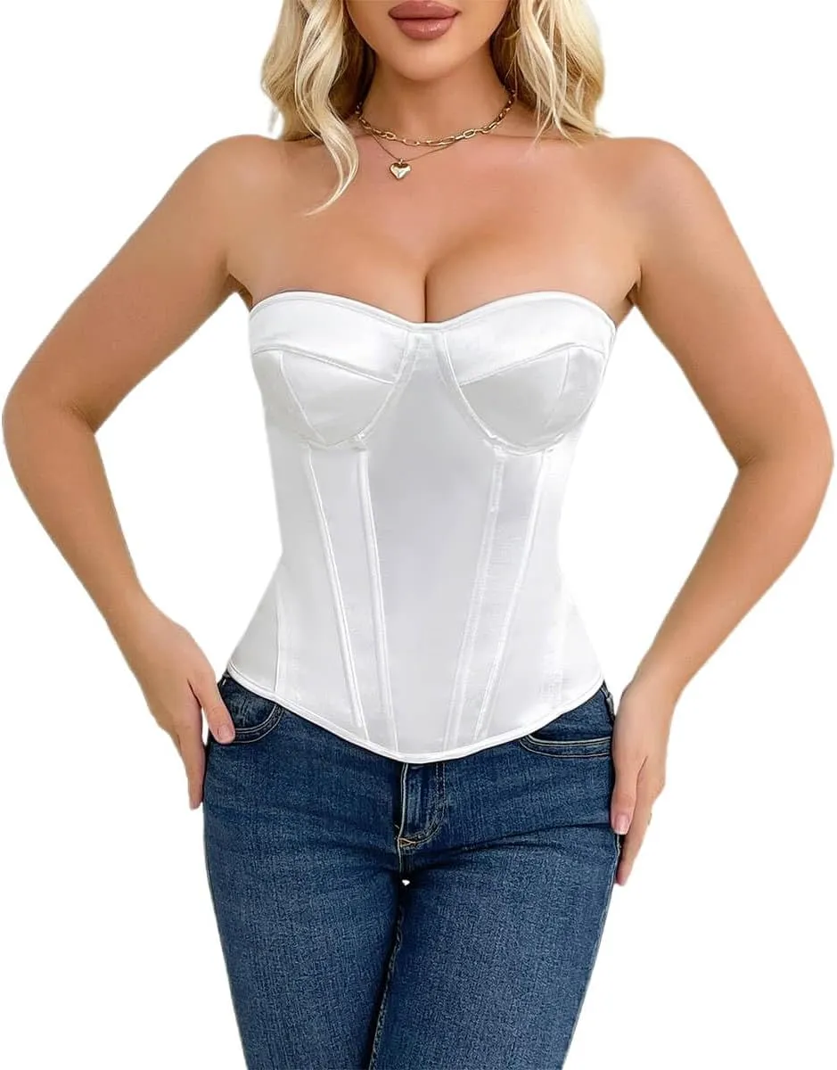 SHYMMUO Women White Corset Top Satin Bustier, Strapless Lace Up Corset Sexy Bodice for Party, Wedding,Daily Wear