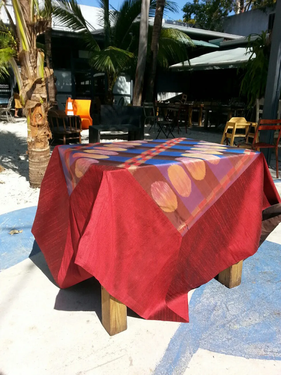 Silk Ikat Table Topper Cranberry Black