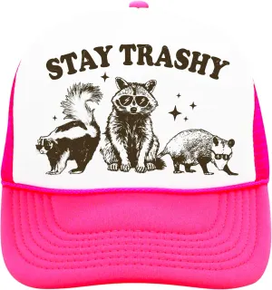 Stay Trashy Funny Raccoon Graphic Classic 5 Panel Mesh Snap Back Trucker Hat