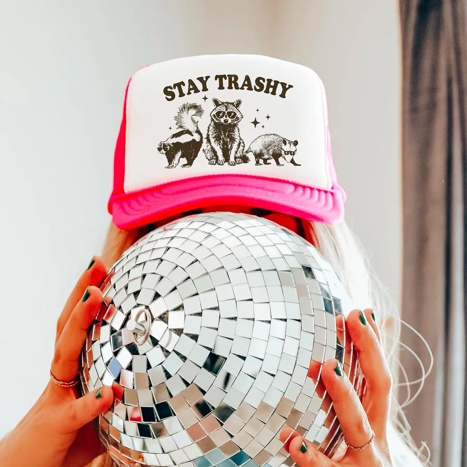 Stay Trashy Funny Raccoon Graphic Classic 5 Panel Mesh Snap Back Trucker Hat