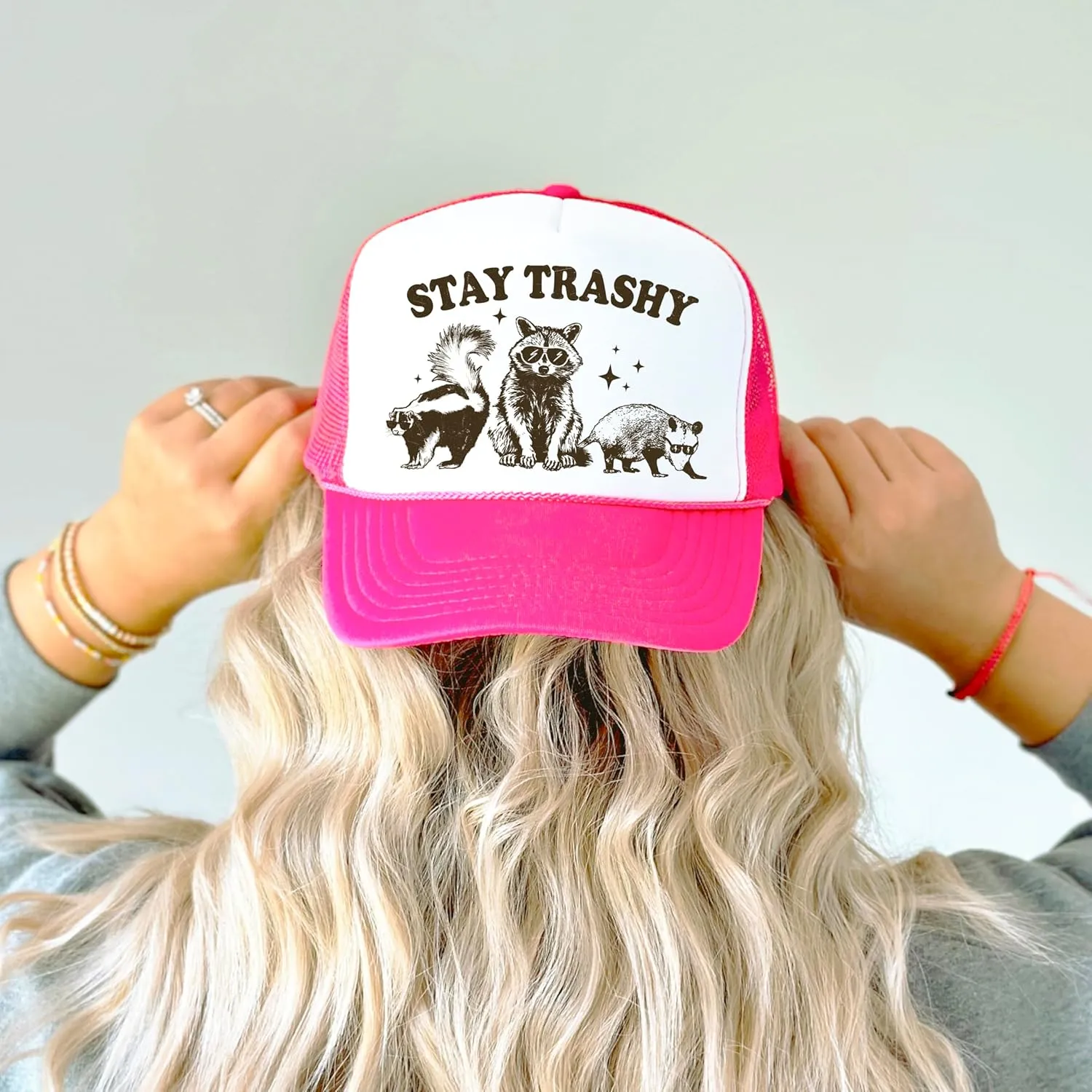 Stay Trashy Funny Raccoon Graphic Classic 5 Panel Mesh Snap Back Trucker Hat