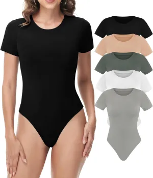 Sundwudu 5 Pack Body suits for Women - Stretchy Bodysuit Womens Tops Round Neck T Shirts for Women