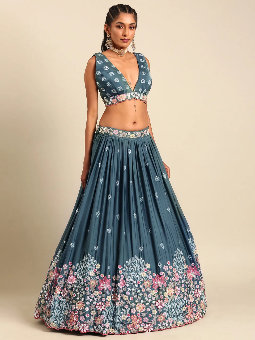 Teal Blue Chinon Sequin Embroidery Lehenga Choli Set