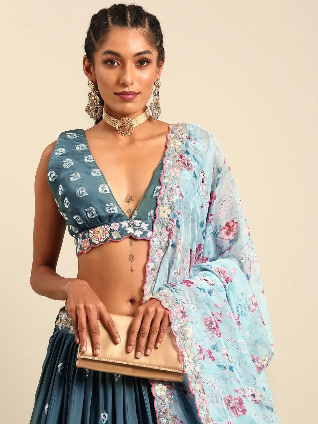 Teal Blue Chinon Sequin Embroidery Lehenga Choli Set