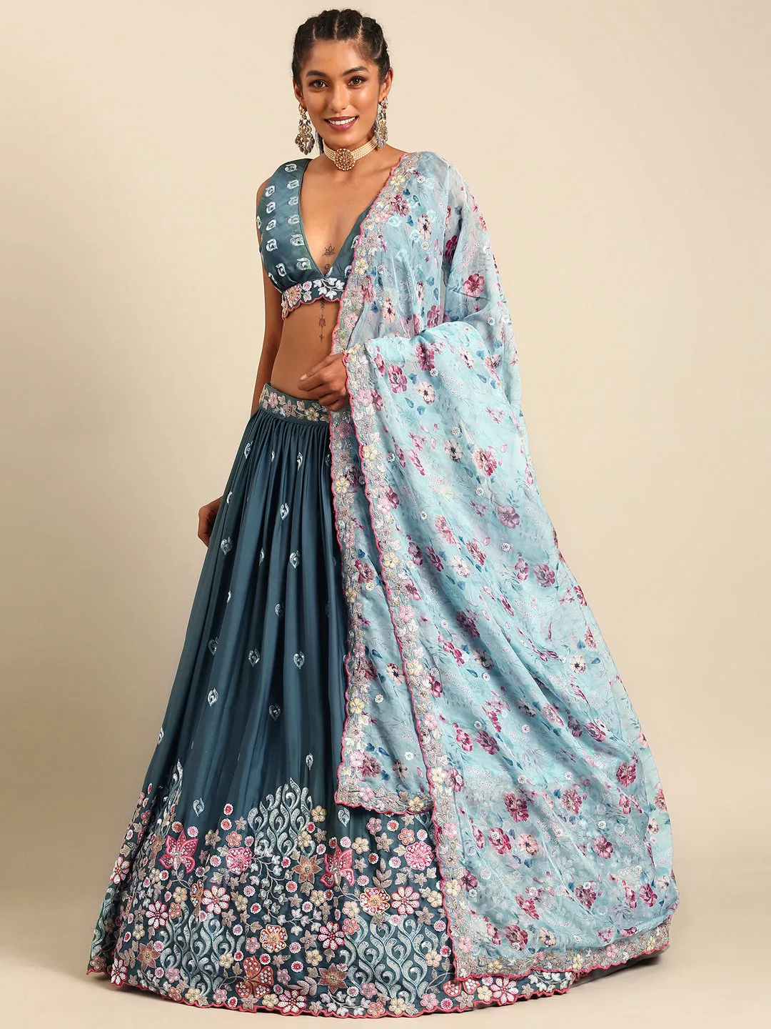 Teal Blue Chinon Sequin Embroidery Lehenga Choli Set