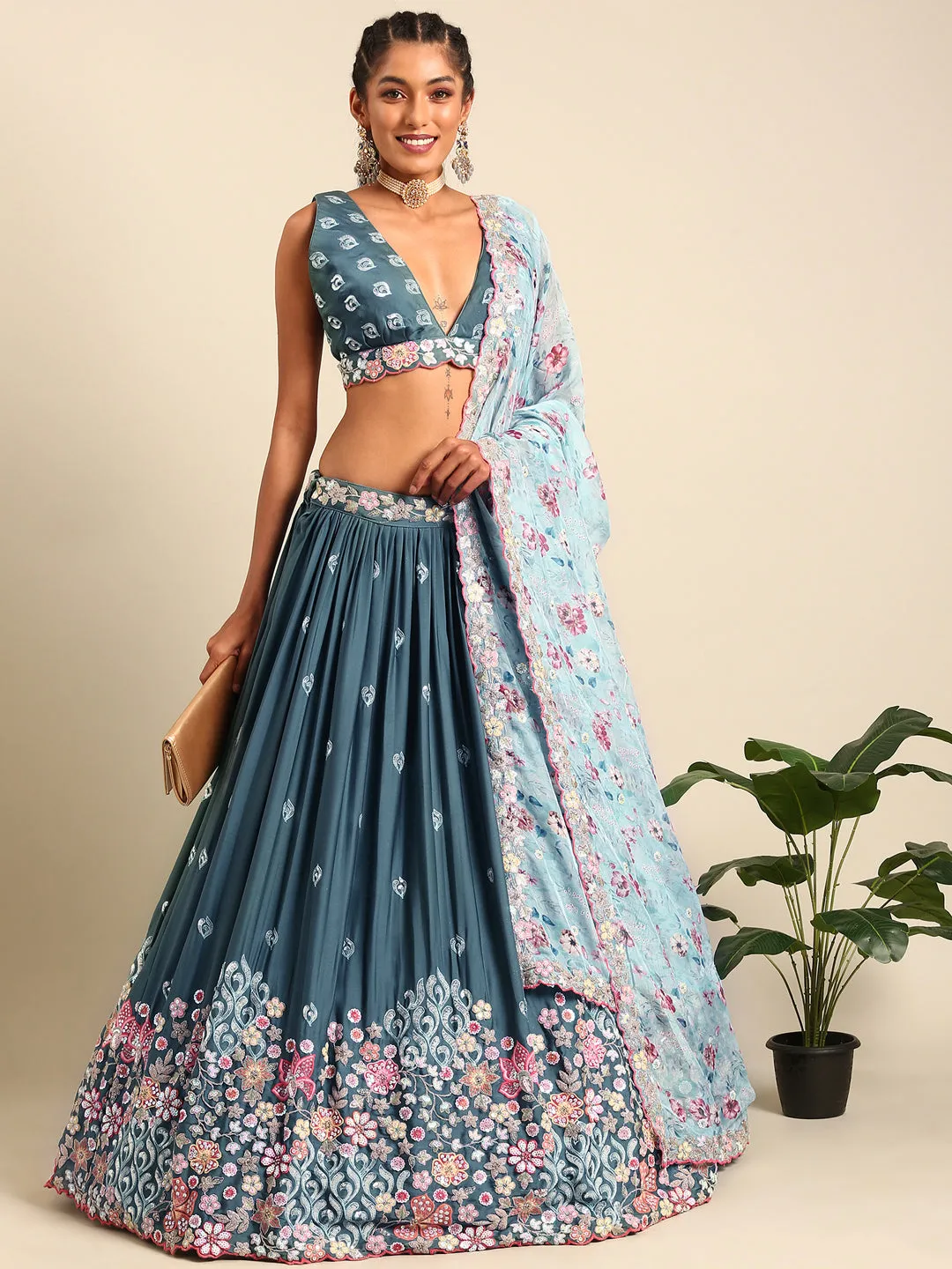 Teal Blue Chinon Sequin Embroidery Lehenga Choli Set