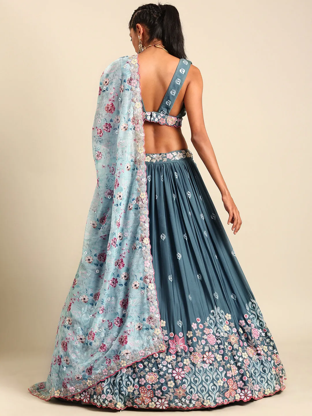 Teal Blue Chinon Sequin Embroidery Lehenga Choli Set