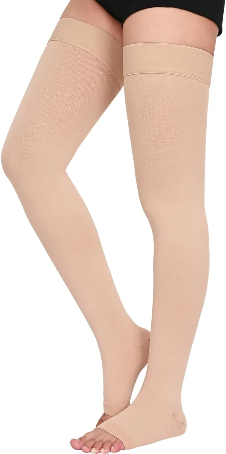 Thigh High 20-30 mmHg Compression Stocking, Open Toe Compression Socks for women & men circulation with Silicone Dot Band-Ideal for Athletic, Medical, Travel Use