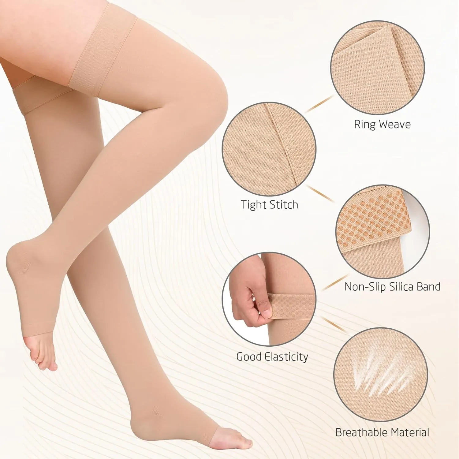 Thigh High 20-30 mmHg Compression Stocking, Open Toe Compression Socks for women & men circulation with Silicone Dot Band-Ideal for Athletic, Medical, Travel Use