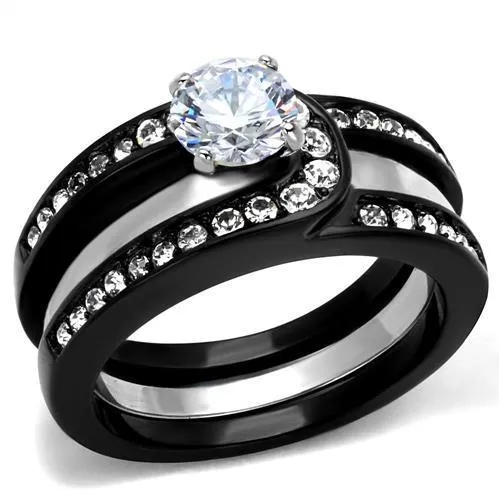Two-Tone IP Black (Ion Plating) Stainless Steel Ring with AAA Grade CZ in Clear for Women Style TK2303