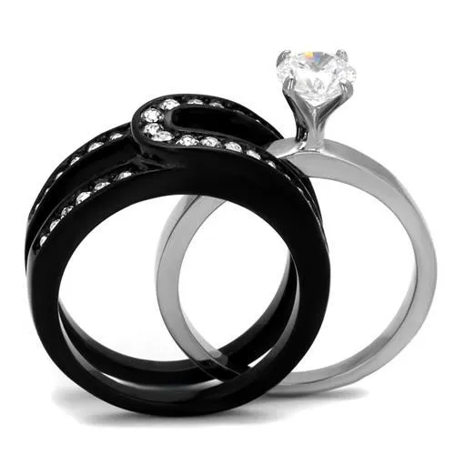 Two-Tone IP Black (Ion Plating) Stainless Steel Ring with AAA Grade CZ in Clear for Women Style TK2303