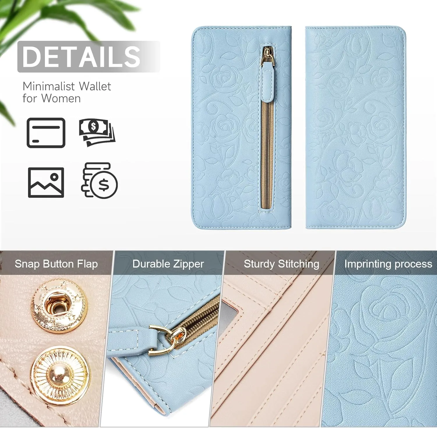 Wallet Women Ultra Slim Thin Womens Wallet RFID Blocking Bifold Clutch Long Ladies Wallet Rose BLUE