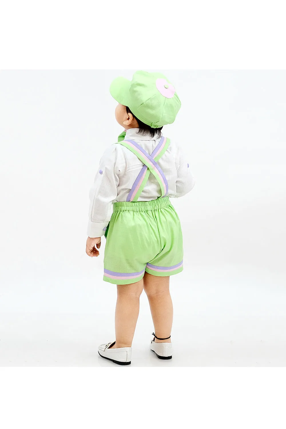 White Pure Linen Shirt With Parrot Green Suspender And Bow Set