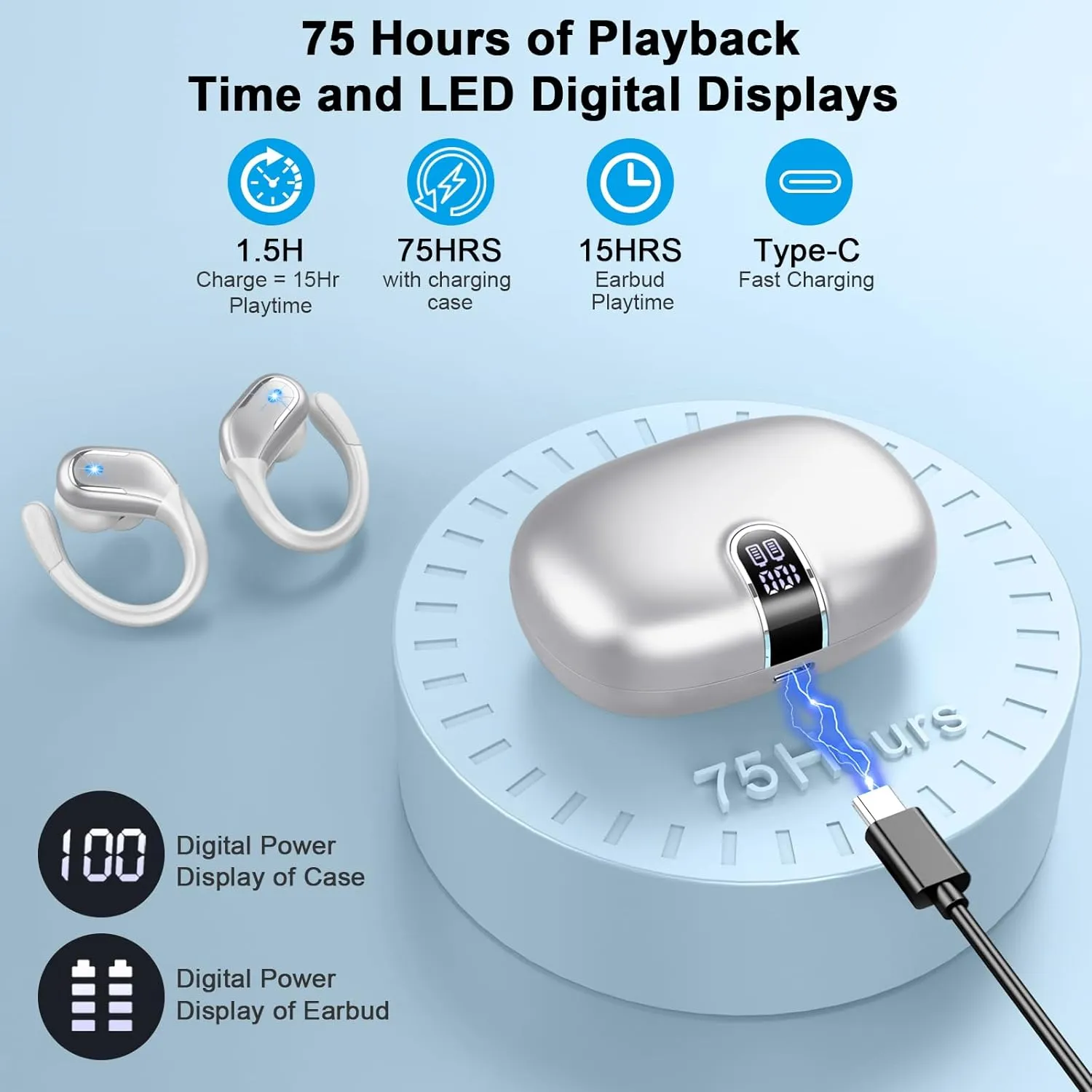 Wireless Earbud Bluetooth 5.4 Headphones 75Hrs Playtime, 2025 Bluetooth Earbuds Deep Bass Noise Cancelling Mic, Over Ear Bud with Sport Earhooks, IPX7 Waterproof LED Display, Button Control, Sliver