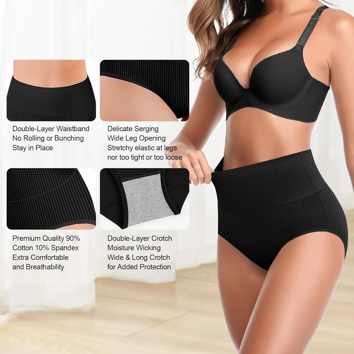 Women's High Waist Cotton Underwear Super Stretchy Briefs Full Coverage Panties Blue 5-Pack One Size Fits All