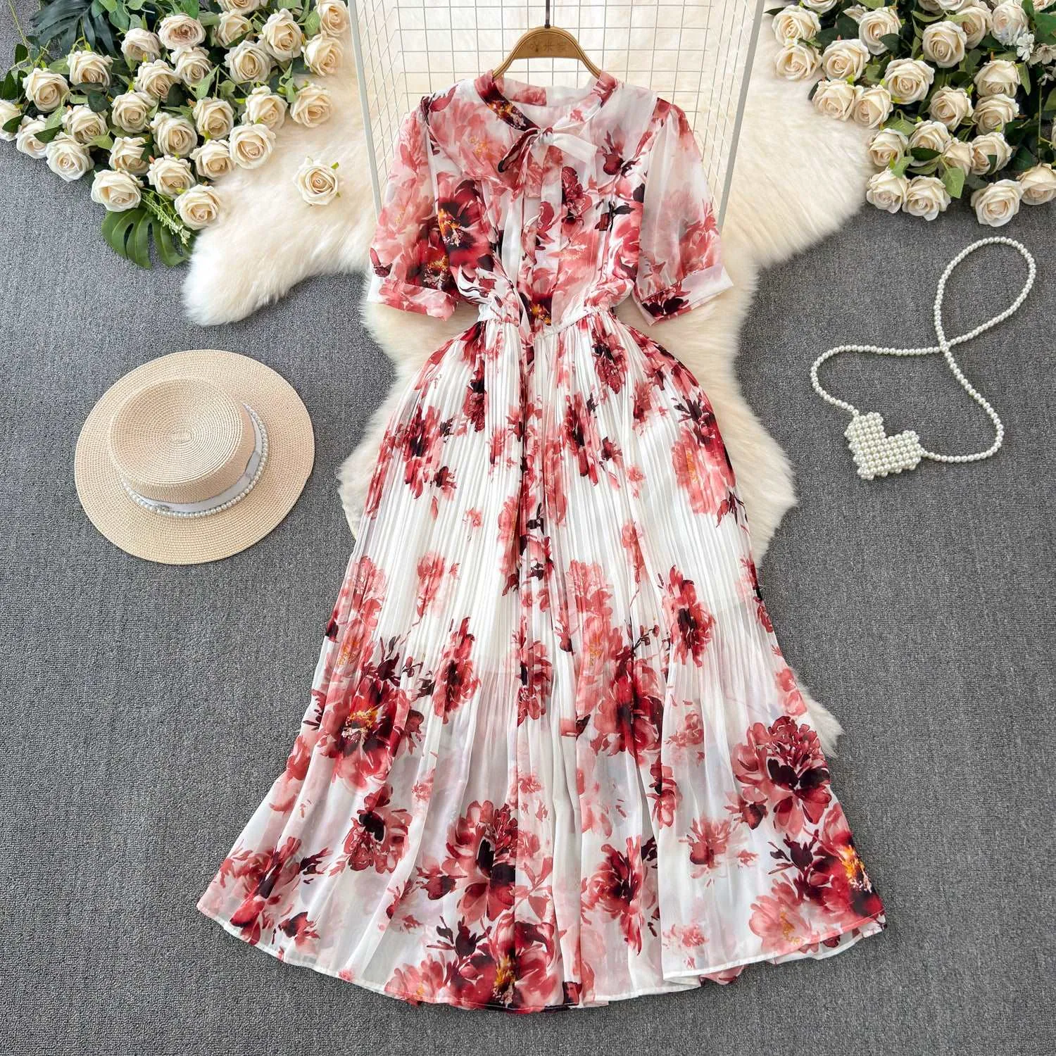 Women's Lace-up Bow Collar Slim Fit Long Chiffon Dress