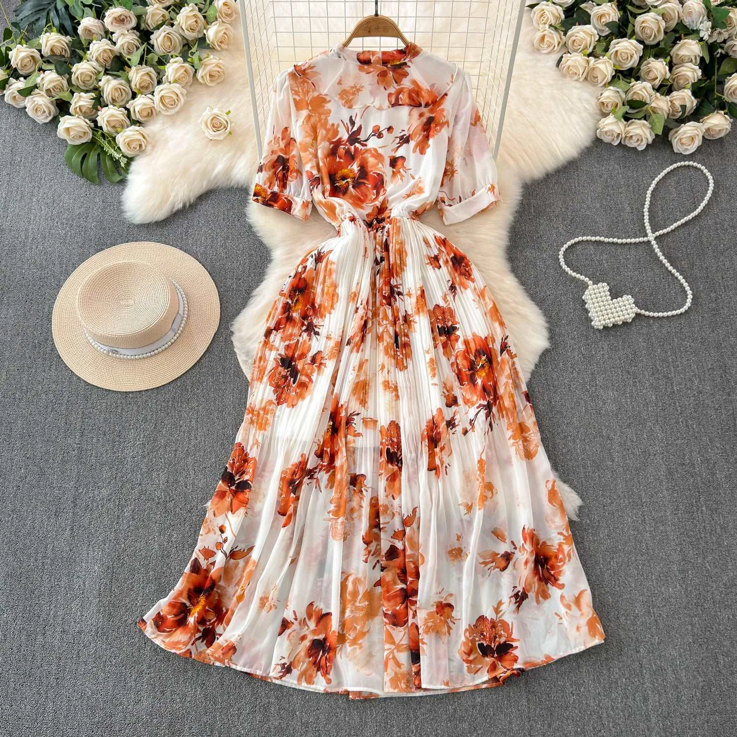 Women's Lace-up Bow Collar Slim Fit Long Chiffon Dress