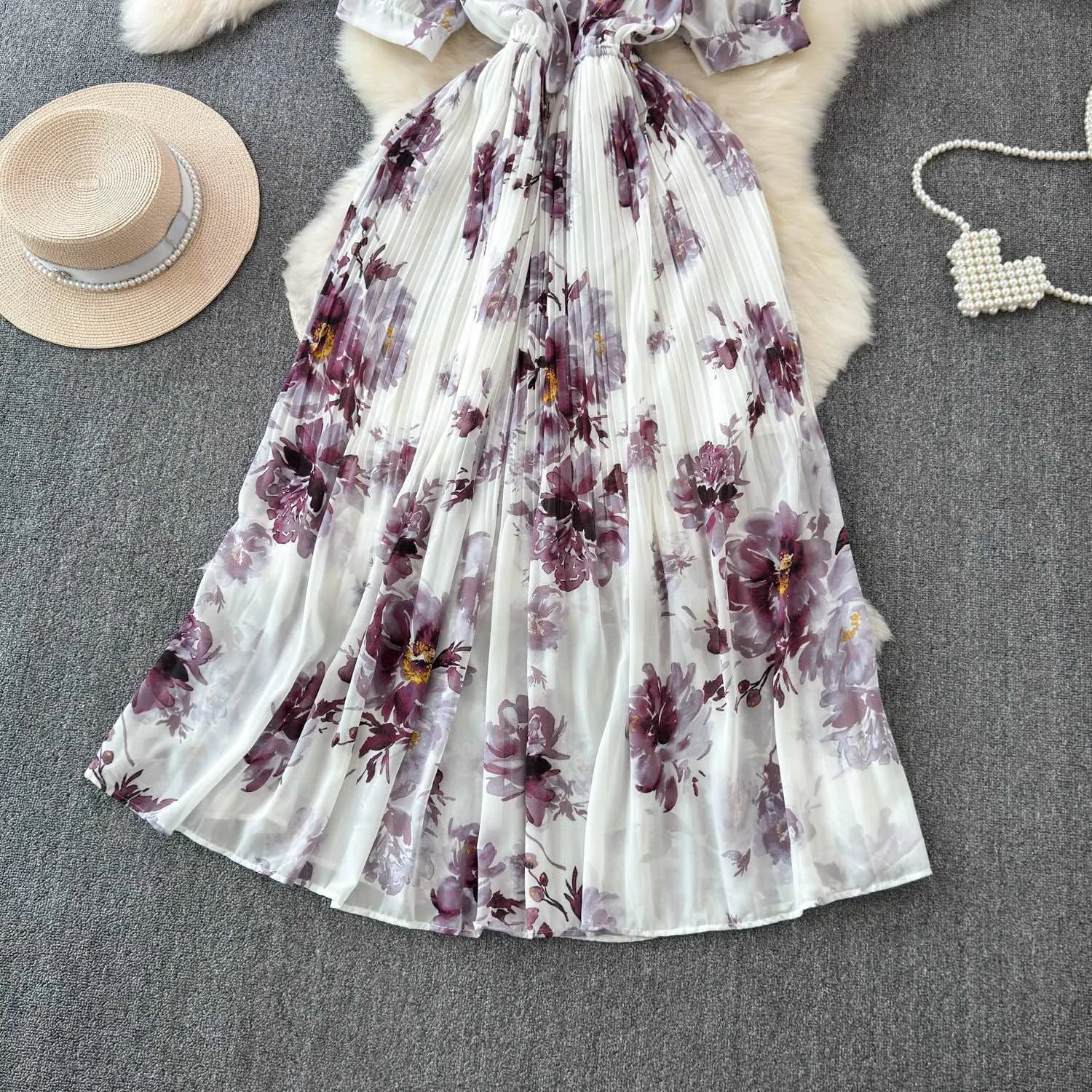 Women's Lace-up Bow Collar Slim Fit Long Chiffon Dress