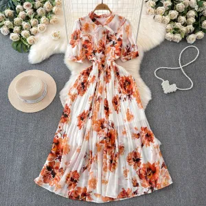 Women's Lace-up Bow Collar Slim Fit Long Chiffon Dress