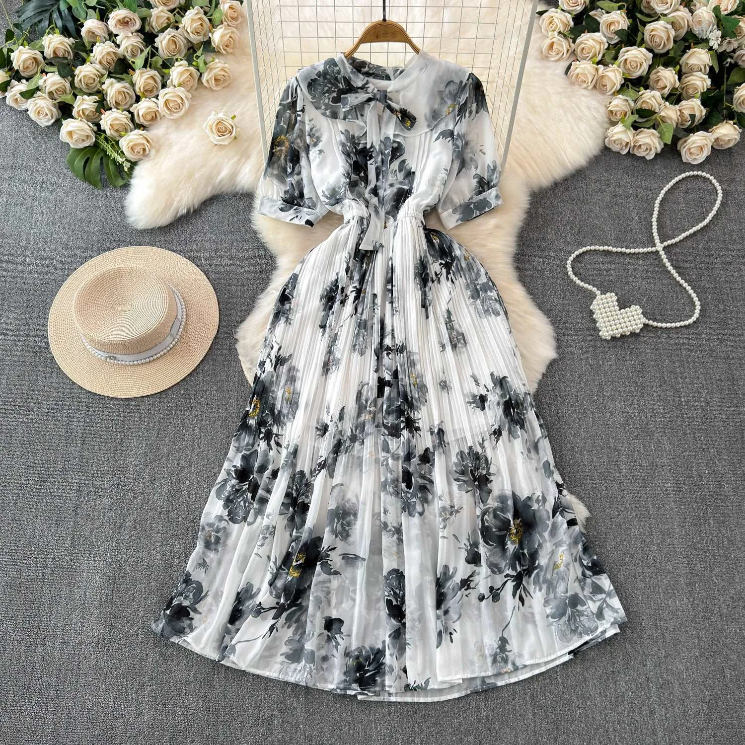 Women's Lace-up Bow Collar Slim Fit Long Chiffon Dress