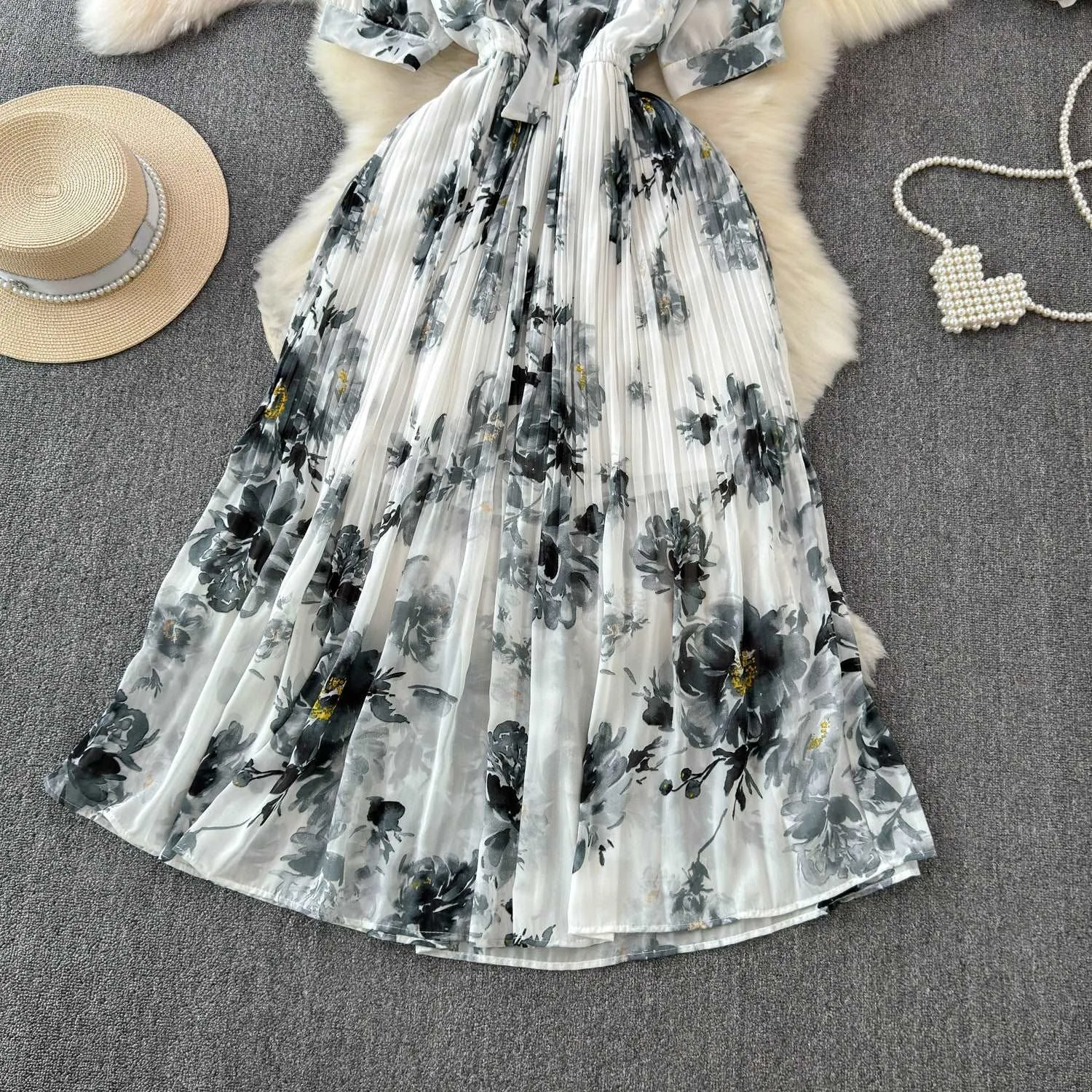 Women's Lace-up Bow Collar Slim Fit Long Chiffon Dress