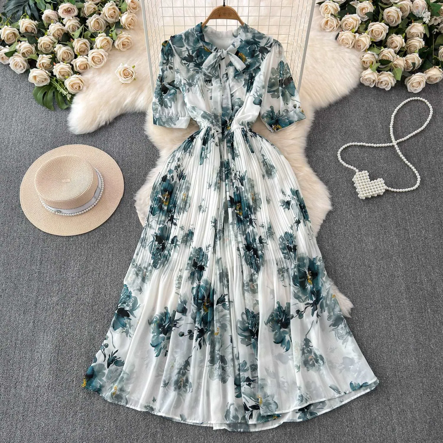 Women's Lace-up Bow Collar Slim Fit Long Chiffon Dress