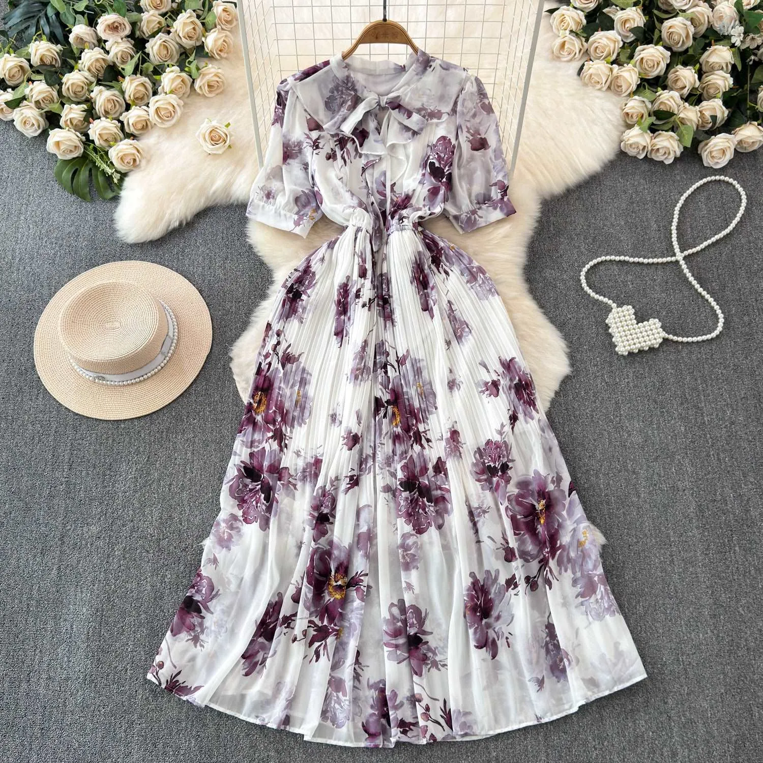Women's Lace-up Bow Collar Slim Fit Long Chiffon Dress