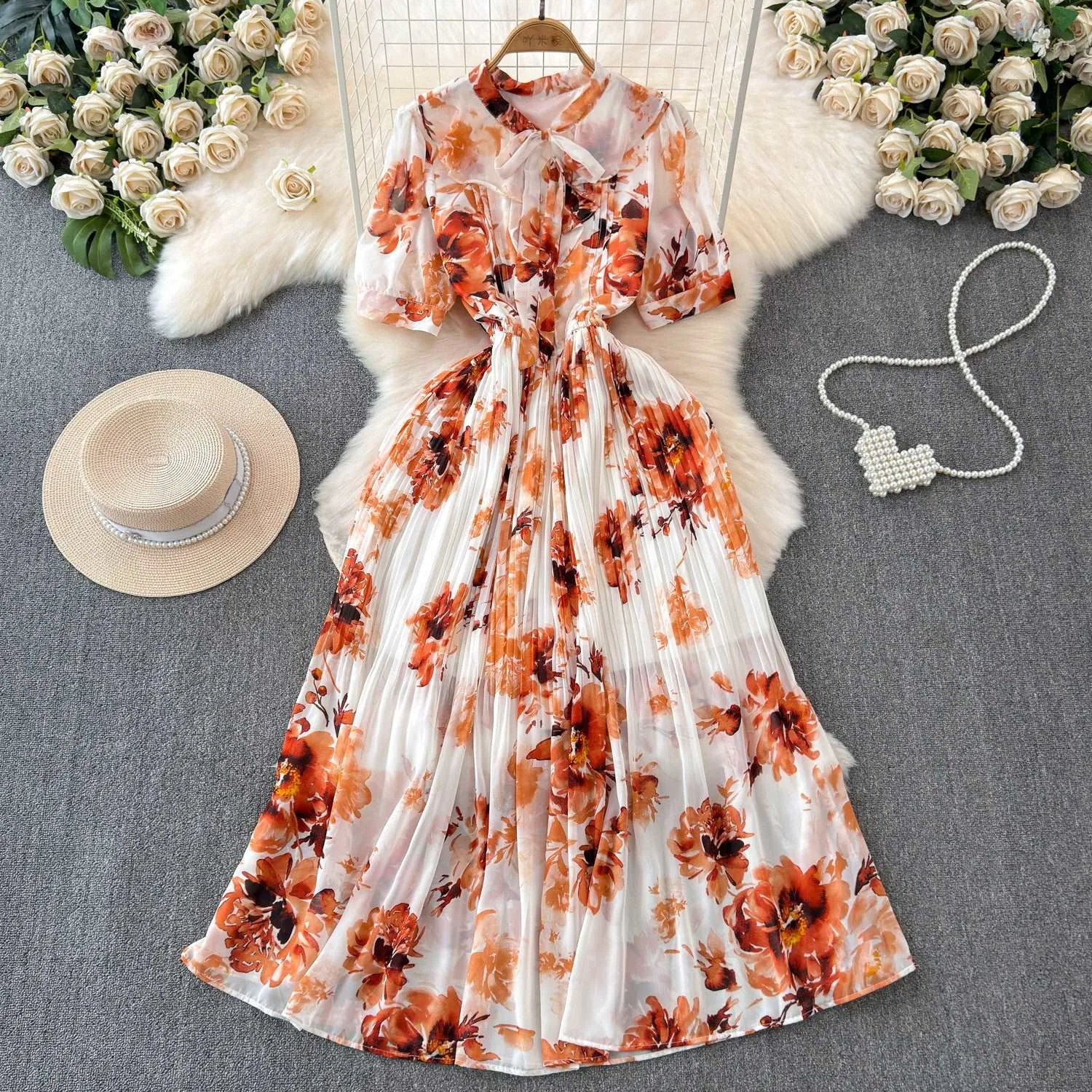 Women's Lace-up Bow Collar Slim Fit Long Chiffon Dress