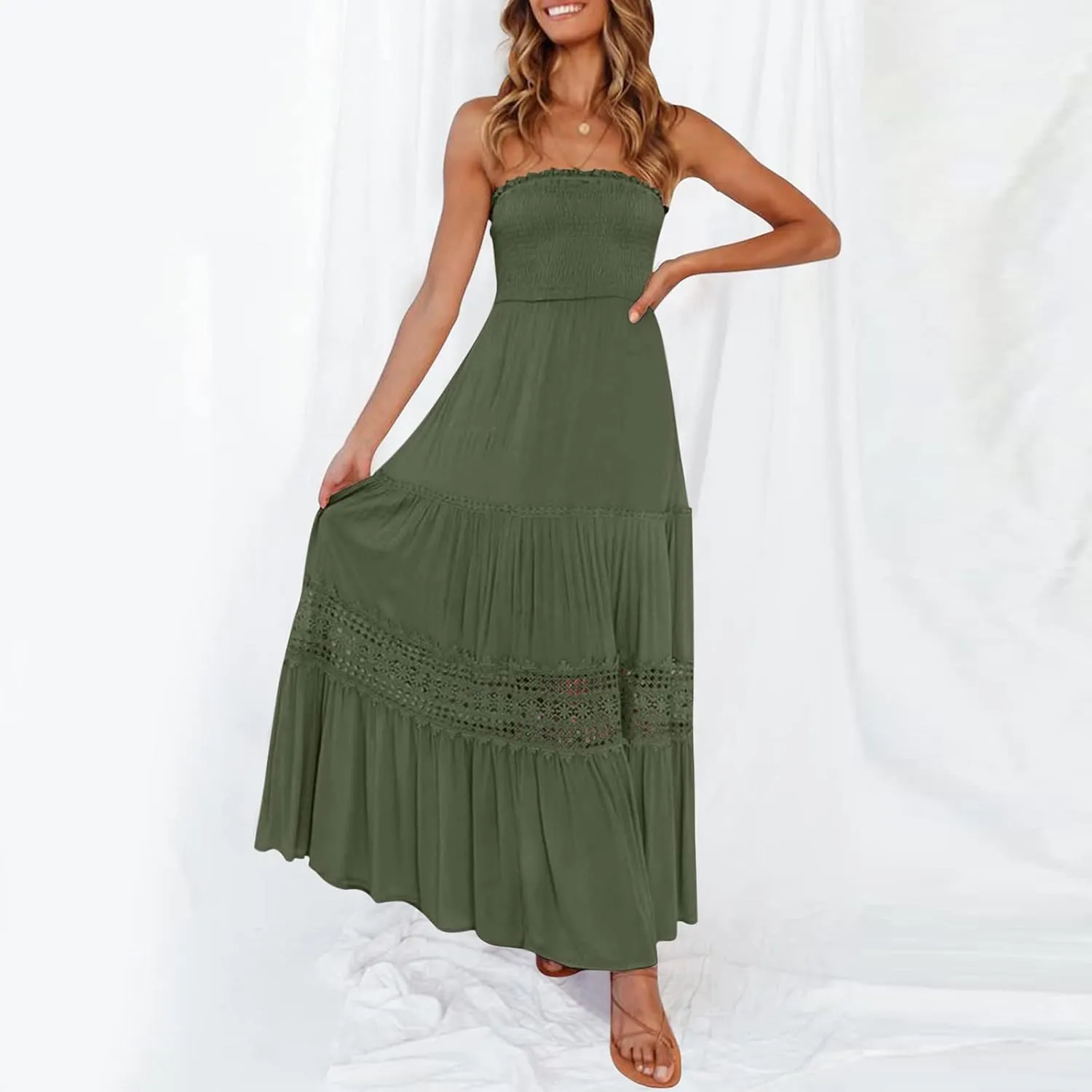 Womens Summer Bohemian Strapless Off Shoulder Lace Trim Backless Flowy A Line Beach Long Maxi Dress Dress with