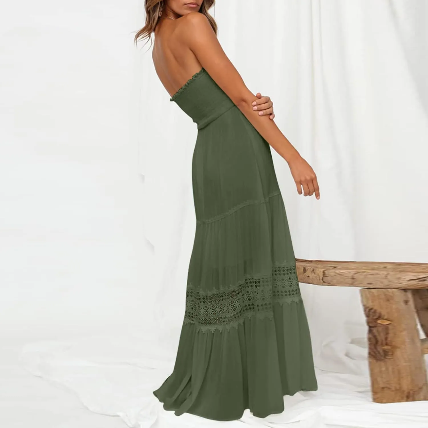 Womens Summer Bohemian Strapless Off Shoulder Lace Trim Backless Flowy A Line Beach Long Maxi Dress Dress with