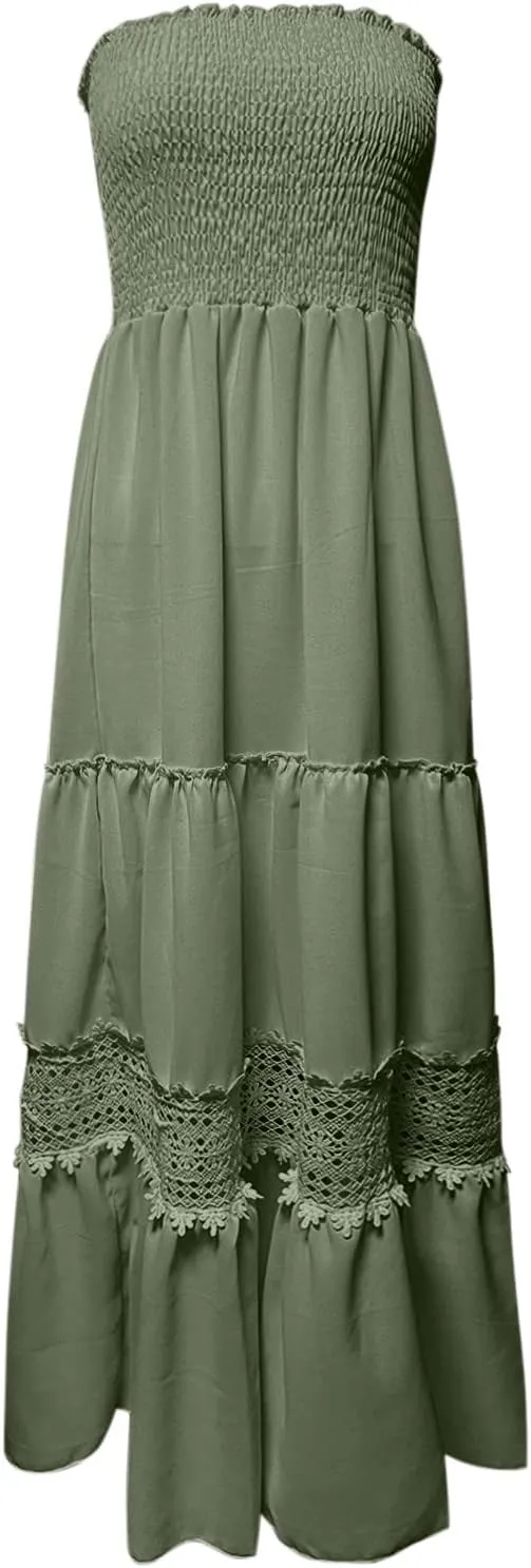Womens Summer Bohemian Strapless Off Shoulder Lace Trim Backless Flowy A Line Beach Long Maxi Dress Dress with