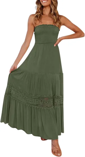 Womens Summer Bohemian Strapless Off Shoulder Lace Trim Backless Flowy A Line Beach Long Maxi Dress Dress with