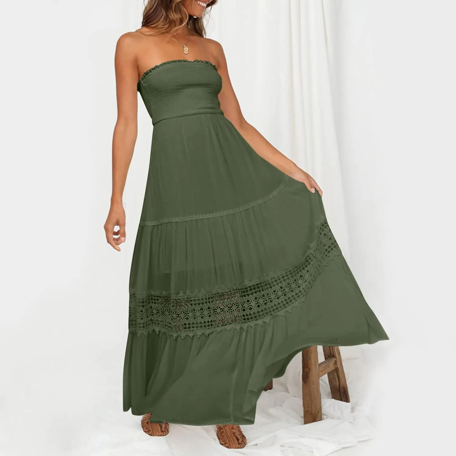 Womens Summer Bohemian Strapless Off Shoulder Lace Trim Backless Flowy A Line Beach Long Maxi Dress Dress with