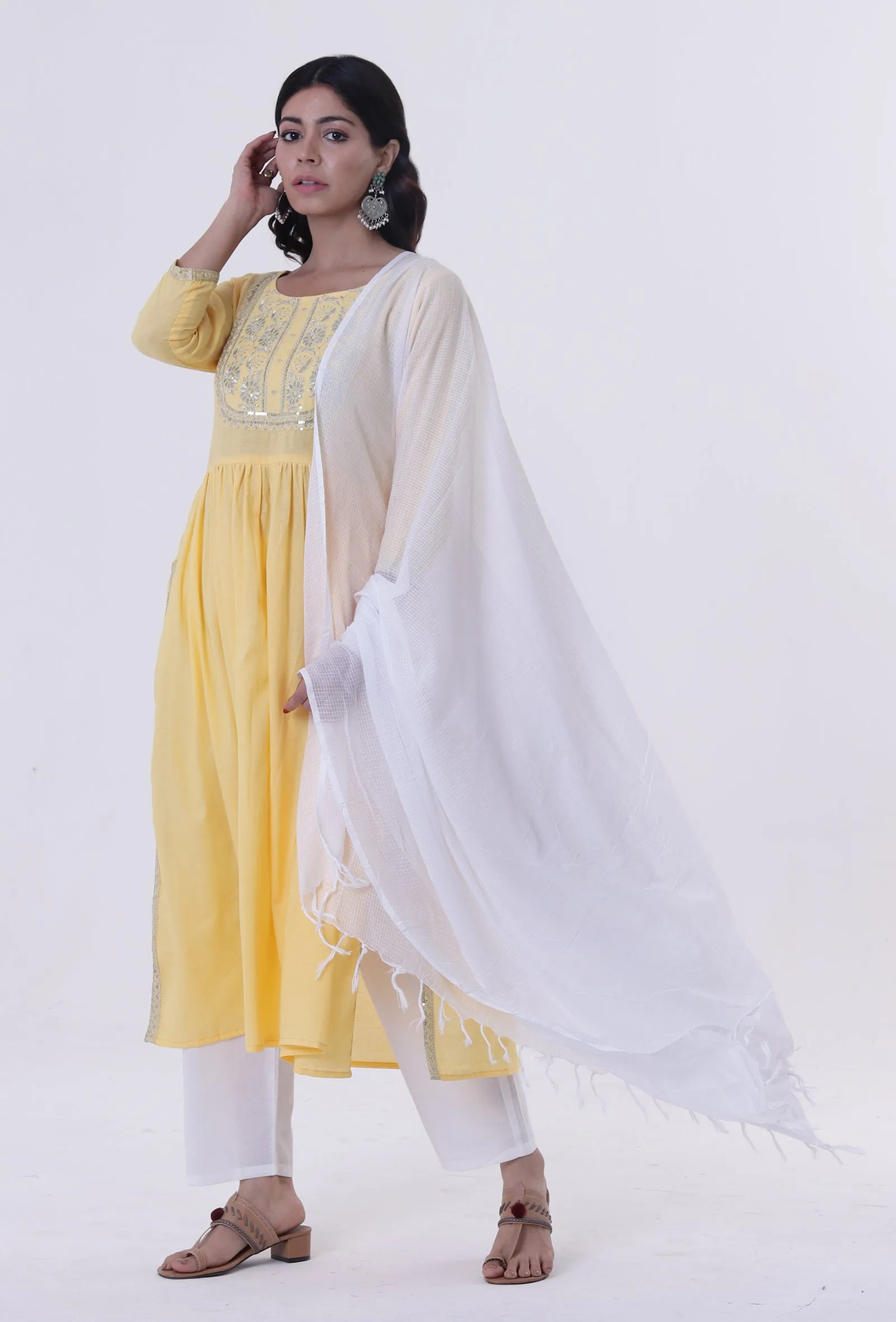 Yellow & White Cotton Block Printed Dupatta
