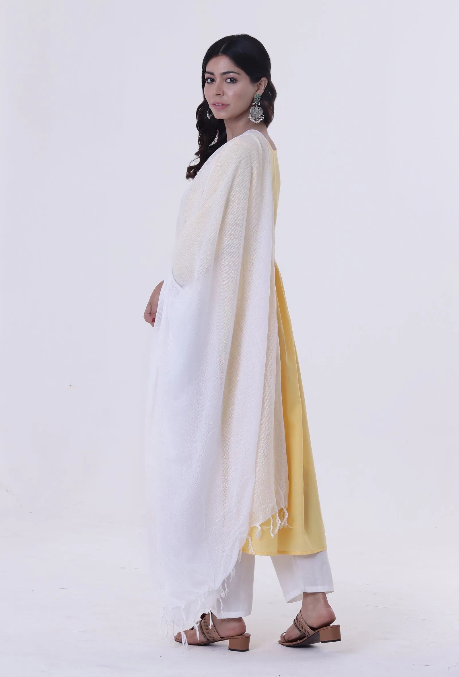Yellow & White Cotton Block Printed Dupatta