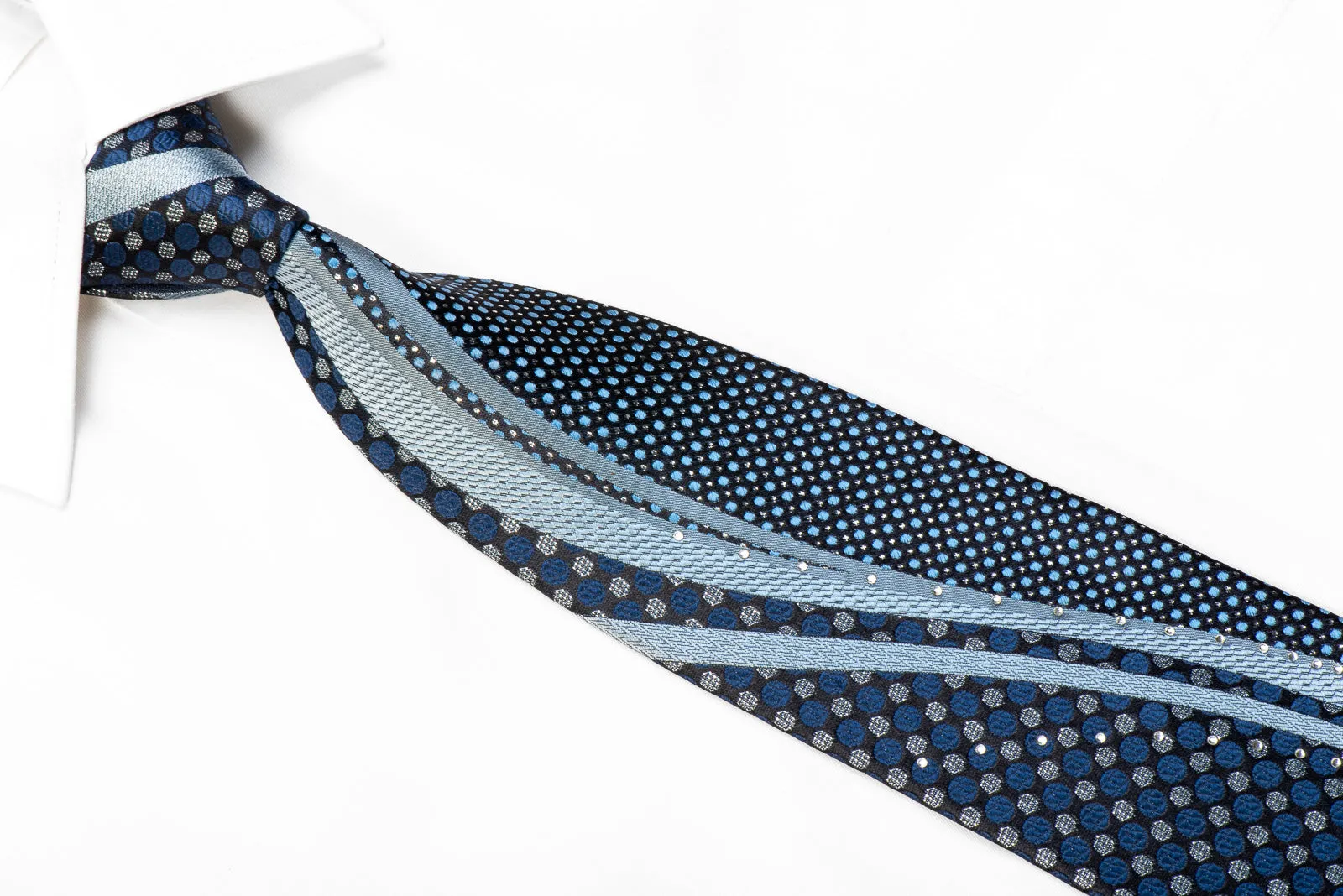 Yezak Rhinestone Silk Necktie Blue Wave Geometric On Black With Sparkles