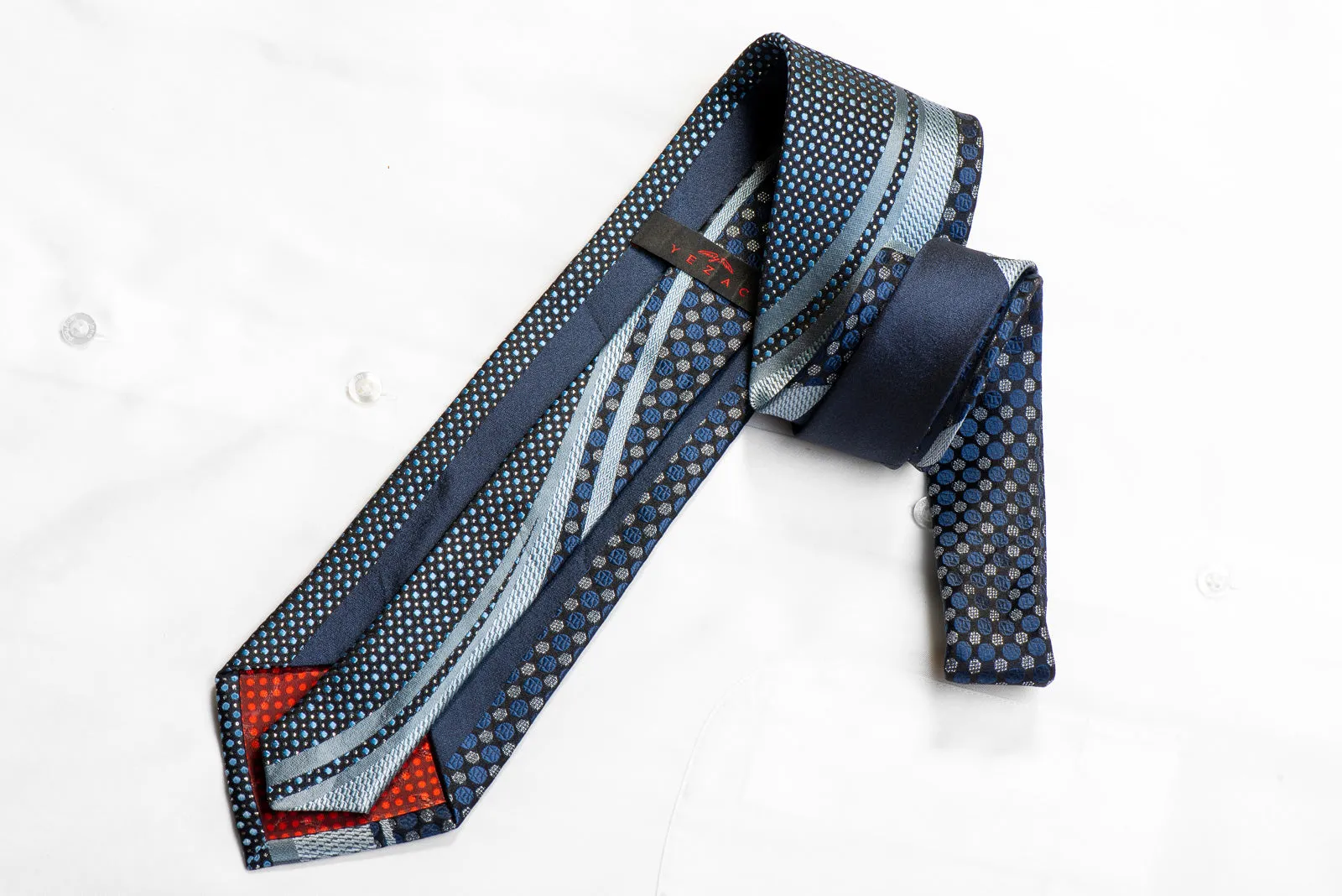 Yezak Rhinestone Silk Necktie Blue Wave Geometric On Black With Sparkles