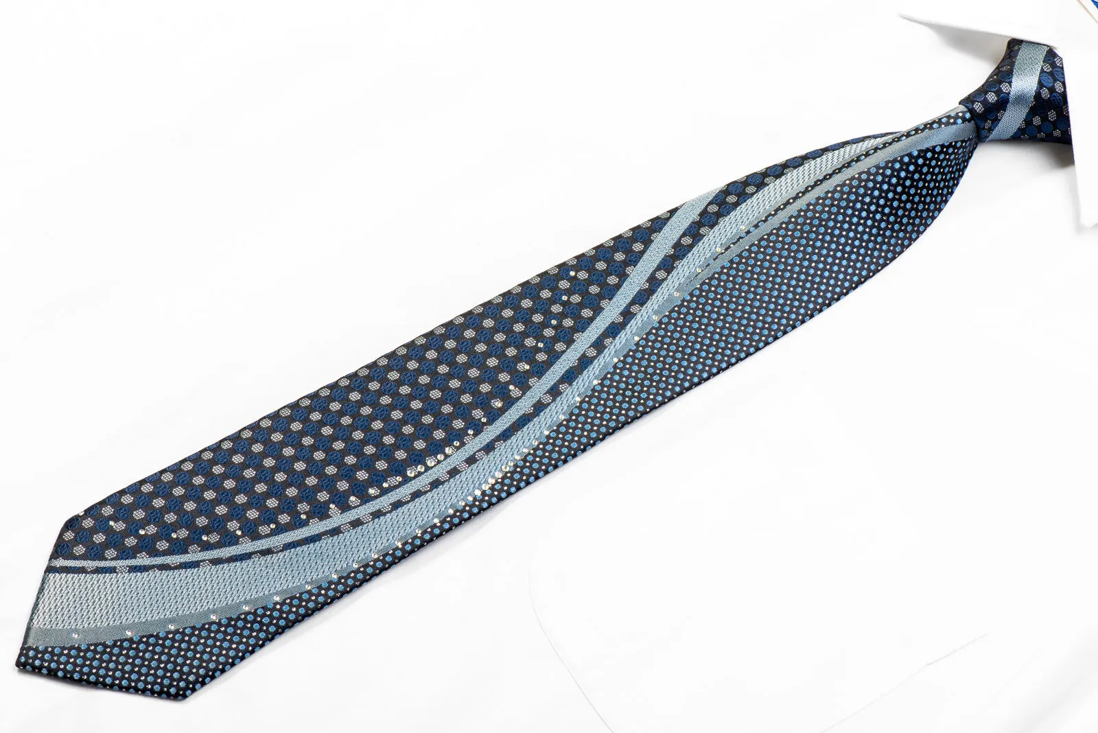 Yezak Rhinestone Silk Necktie Blue Wave Geometric On Black With Sparkles